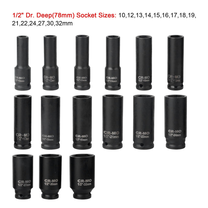 35pcs 1/2" Sq Metric Drive Deep Impact Socket Tool Set Garage 8-32mm