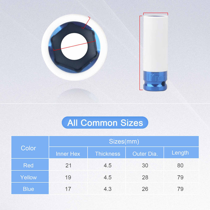 3pcs 1/2" Drive Metric Extra Thin Wall Deep Wheel Protector Impact Socket Set, 17, 19, 21 mm