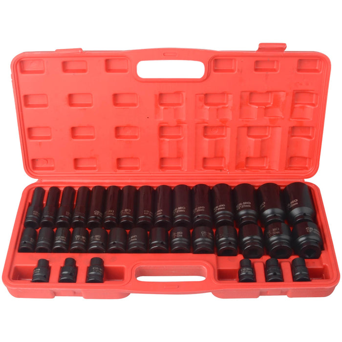 35pcs 1/2" Sq Metric Drive Deep Impact Socket Tool Set Garage 8-32mm