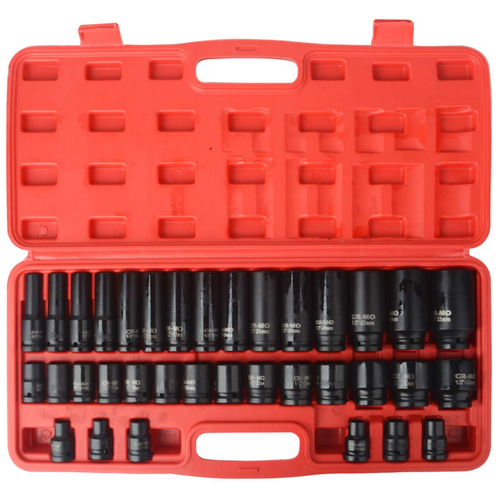 35pcs 1/2" Sq Metric Drive Deep Impact Socket Tool Set Garage 8-32mm