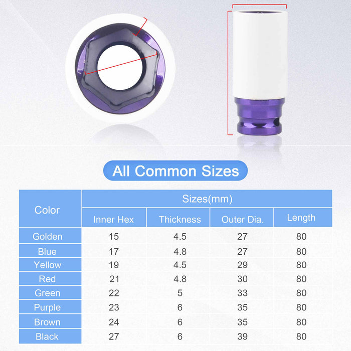 Alloy Wheel Deep Double 8pc 1/2" Drive 15mm-27mm Nut Impact Sockets